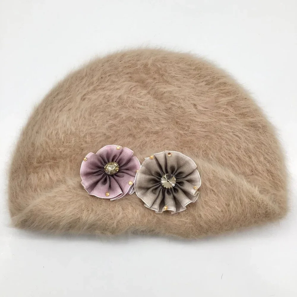 Women's Super Soft Beret Fuzzy Floral Ribbon Rhinestones Tan Pink Brown Feathers
